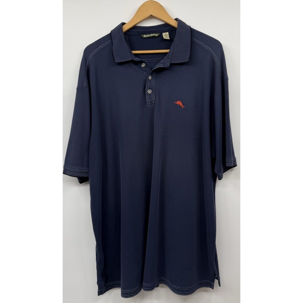 TOMMY BAHAMA Supima Polo Golf Shirt 2XL Marlin Logo Navy Blue Emfielder EUC